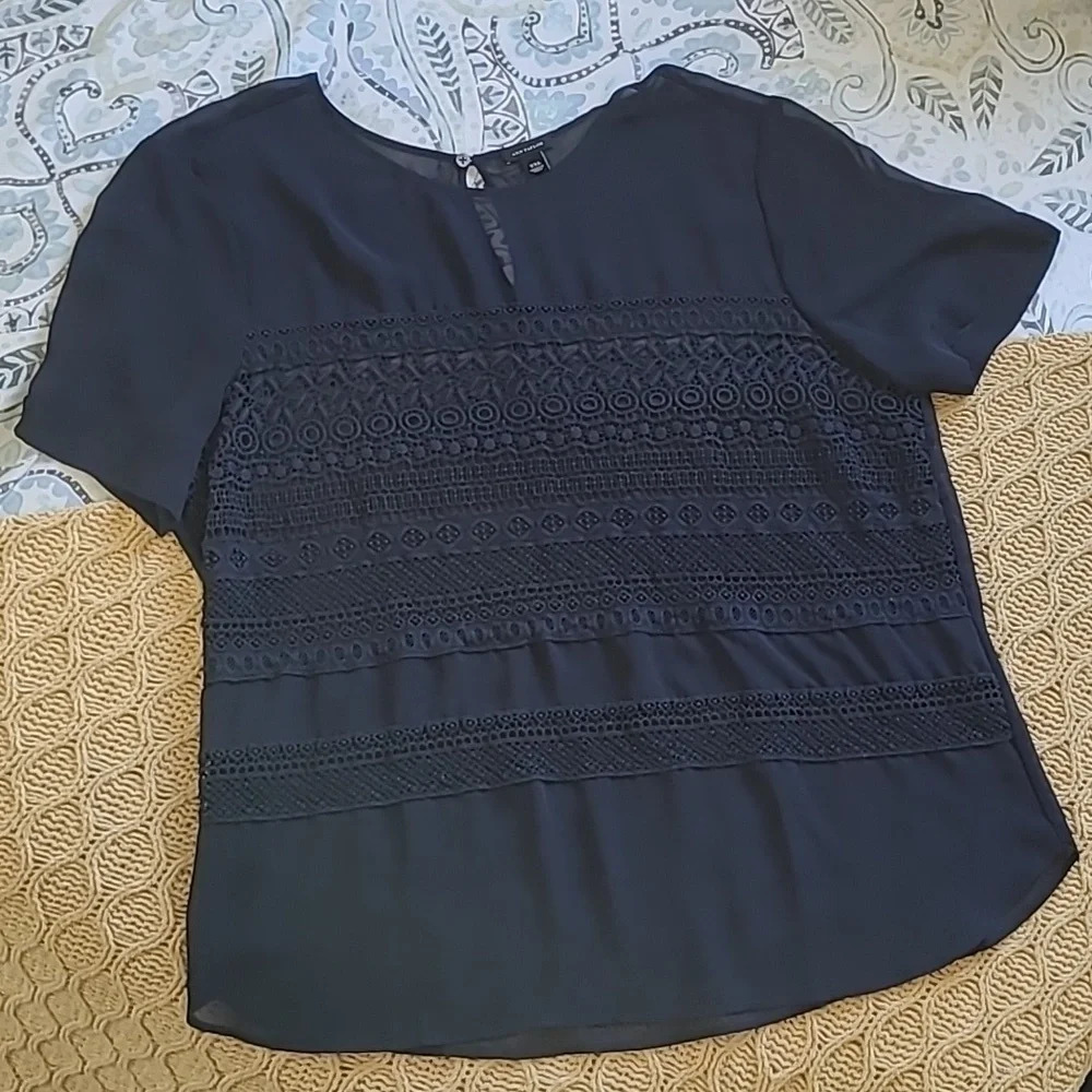 Ann Taylor Navy Sheer Short Sleeve Blouse with Crochet Details - Size XXL